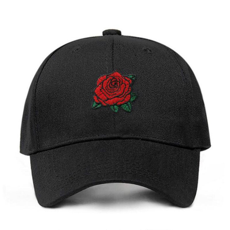 Rose baseball kasket hip hop kvinder bomuld broderi blomst snapback hat udendørs sport buet sommer hat kvindelig far hat: Sort