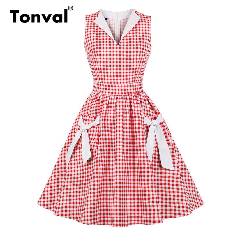 Tonval retro 50s v-ringad gingham röd rockabilly klänning kvinnor slips ficka sida bomull veckad klänning pin up vintage rutiga klänningar: Röd / 4xl
