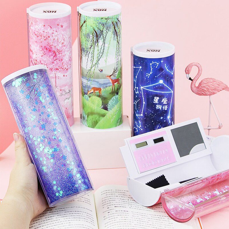 dernier papier de verre translucide sac à crayons multi-fonction cylindre papeterie école porte-stylo rose bleu calculatrice