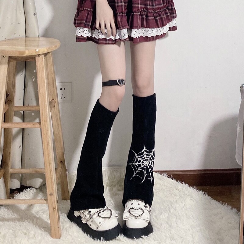 Y2k Meisje Japanse Harajuku Flare Beenwarmers Gothic Black Cobweb Lady Knit Been Warmer 2022 Lente Koreaanse Chic Mujer Gebreide sok: Default Title