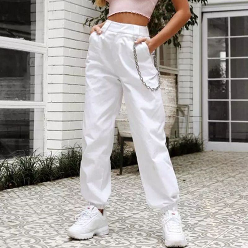 Brand Women's Patchwork Cargo Trousers Pants Solid Punk Sporty Style Loose Long Sports Baseball Pants With Chain: S / White