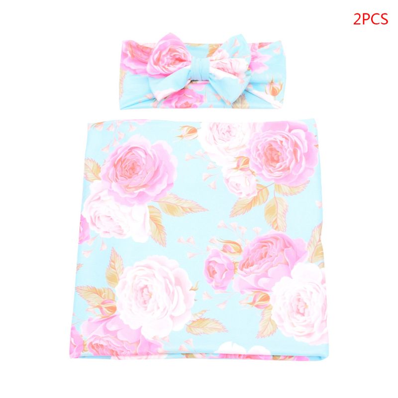 Manta para envolver con estampado de dibujos animados para niños pequeños, 2 uds., con lazo, diadema, banda para el pelo, Set para bebés: 4