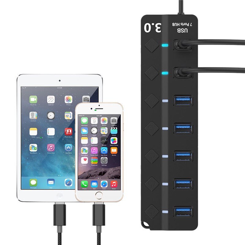 Usb-hub 3.0 5 gbps hoge snelheid 7- poorts usb 3.0- hub splitter aan/uit-schakelaar voor laptop-pc met eu-stekker