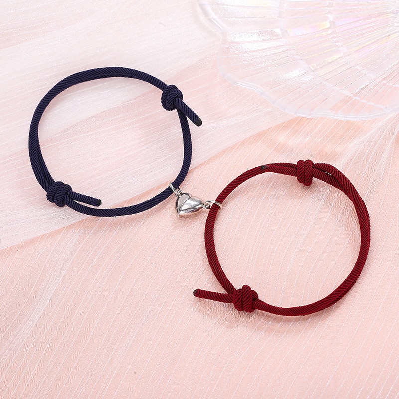 2Pcs/Set Minimalist Lovers Heart Matching Friendship Bracelet Rope Braided Couple Magnetic Distance Bracelet Kit Lover Jewelry