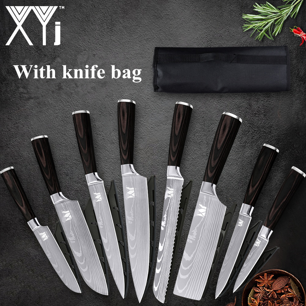 XYj Damascus Pattern Veins Blade Chef Knives Set Stainless Steel Wood Handle Bread Slicing Santoku Utility Knife Cover Sheath