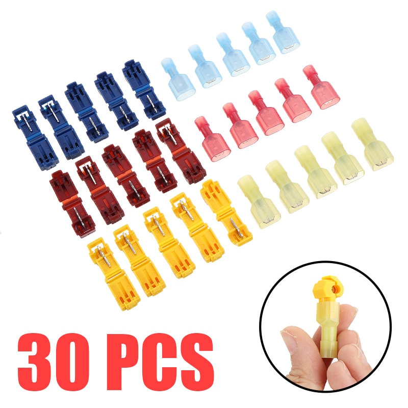 30pcs T-Tap Wire Spade Connector Kit Insulated Wire Cable Connectors Terminals Scotch Lock Quick Splice Electrical Set