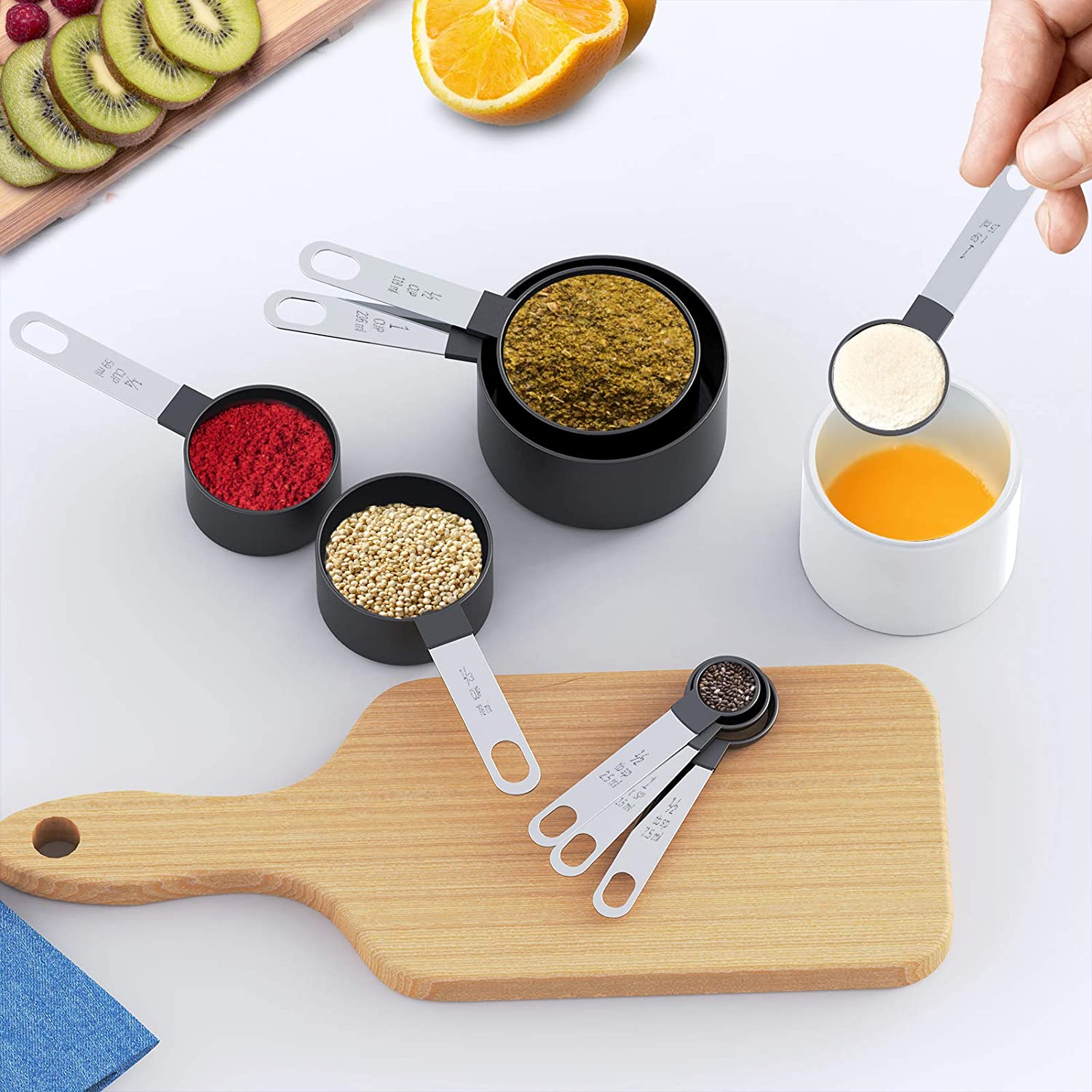 8 Pieces Plastic Measuring Cups and Spoons Set, Measure Cups with Stainless Steel Handle for Dry or Liquid Ingredient