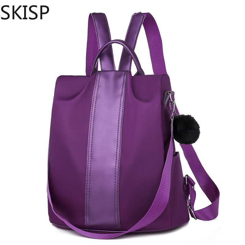 Mochila antirrobo para niñas, bolso escolar Oxford, color morado, colgante rosa, impermeable, de viaje