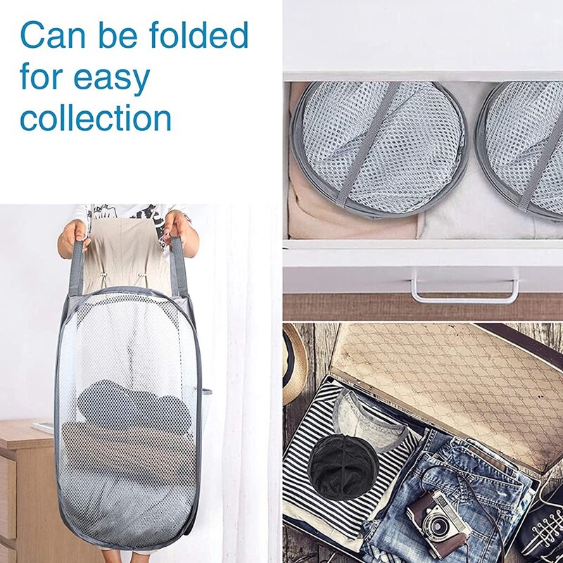 Folding Laundry Basket Mesh, Foldable Laundry Hamper, Portable Mesh Washing Laundry Basket Bag for Home Kids