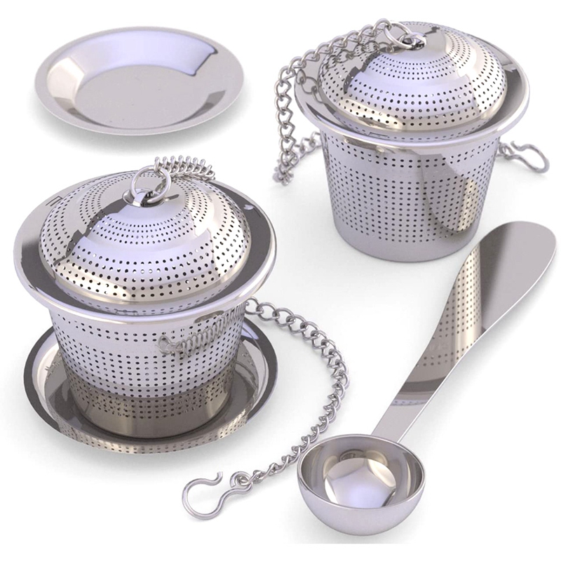 Loose Leaf Tea Infuser (Set of 2) with Tea Scoop and Drip Tray - Ultra Fine Stainless Steel Strainer &amp; Steepe: Silver