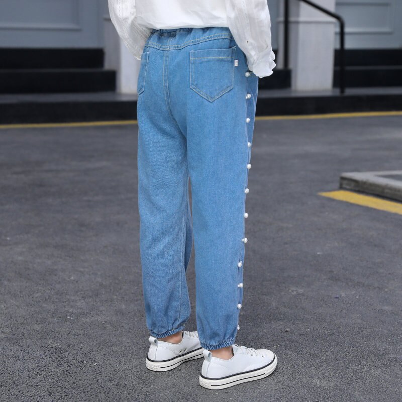Børnejeans bukser til piger kausale denimbukser børn forår efterår jeans med perler alder 4 5 7 9 11 13 år