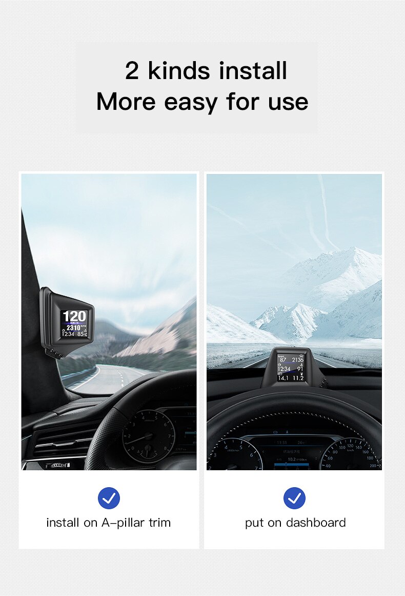 OBD2+GPS HUD On-board Computer A-pillar trim Install Car HUD GADGET RPM Turbo Pressure Oil &amp; Water Temp. GPS Speedometer