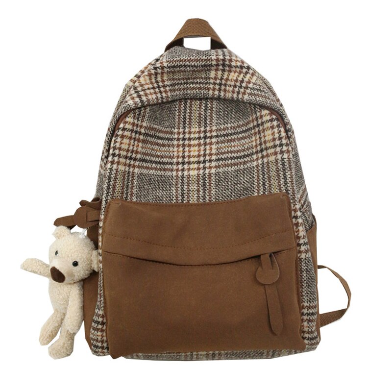 HOCODO Vintage Plaid Women'S Backpack Shoulder Bag Female College Bookbag Cute Student Backpack For Girl School Bag: Brown / With pendant
