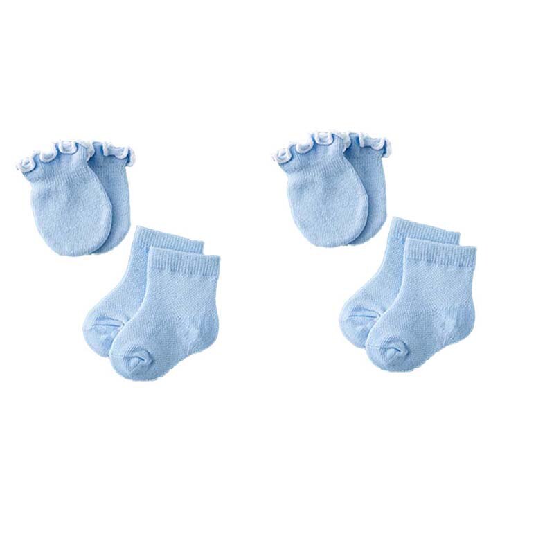 Cotton Infant Baby Socks +Lace Anti-Scratch Gloves Socks Blue /Pink 4pair (two Pairs Gloves Two Pairs Socks) F: Blue