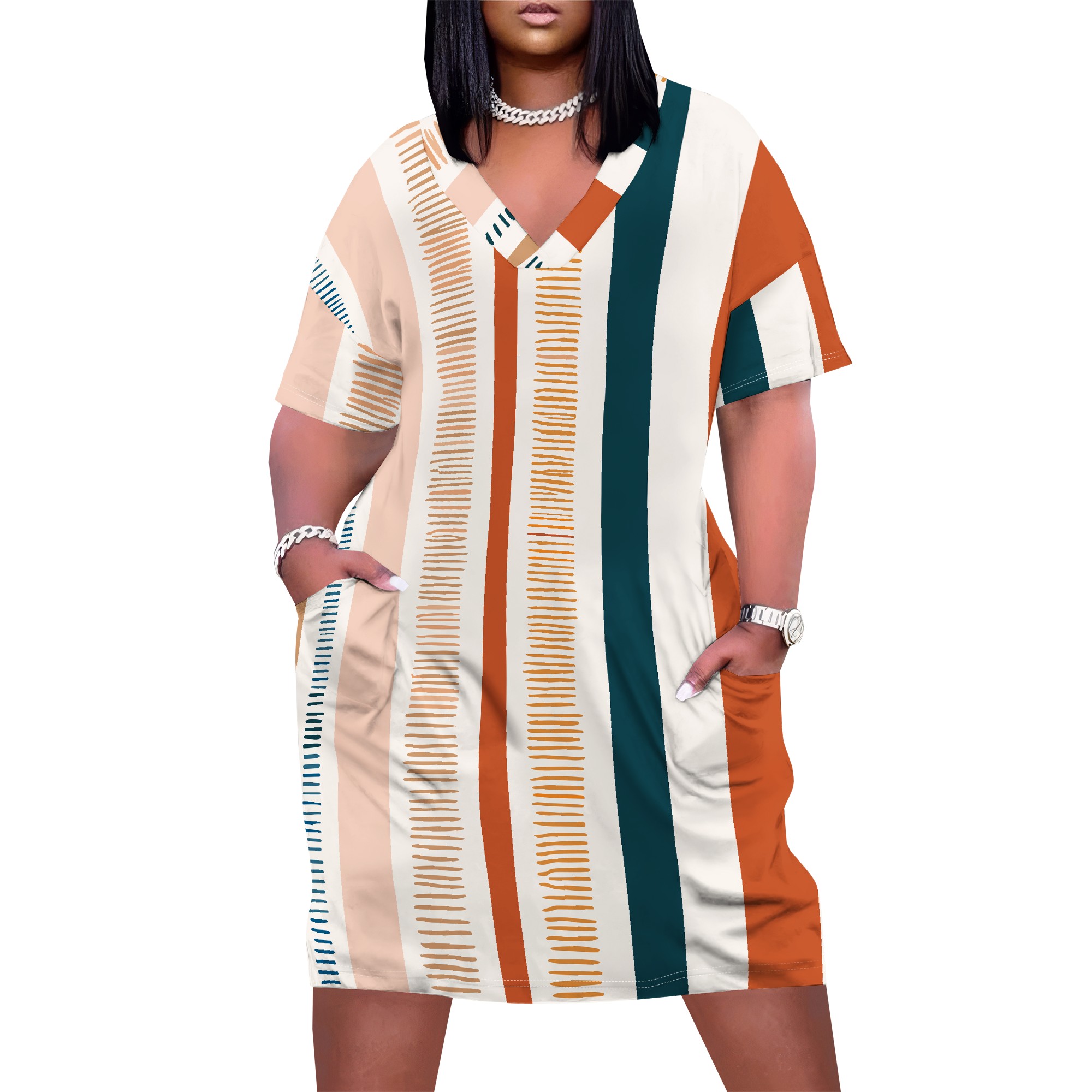 Plus size kvinder afslappet t-shirt kjole med v-hals og korte ærmer, to lommer foran, ensfarvede oversize kjoler: 1xl / Lilla