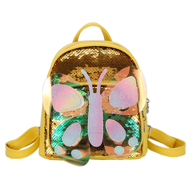 Cute 3D Colorful Butterfly PU Sequin Toddler Backpack School Bag For Girls Kindergarten School Kids Small Bags: Yellow