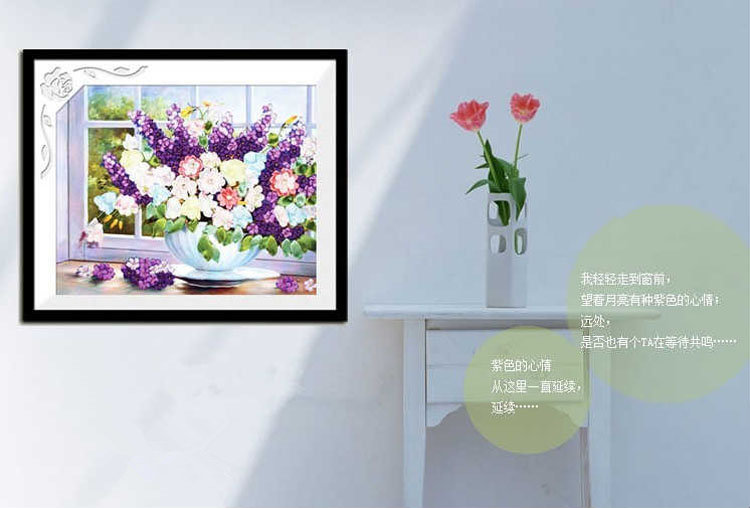Purple lavender vase cross stitch kit needlework 3D DIY diamond Ribbon embroidery painting craft wall sticker home decorate