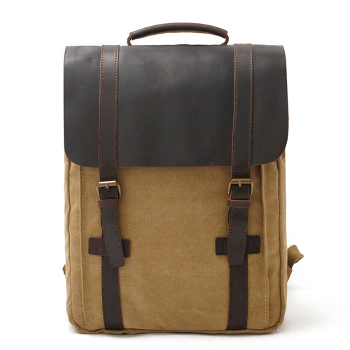 Muchuaneurope Mode Pure Katoenen Canvas Lederen Rugzakken 14 "Laptop Waterdichte Daypacks Grote Capaciteit Mannen Rugzakken Retro: Khaki