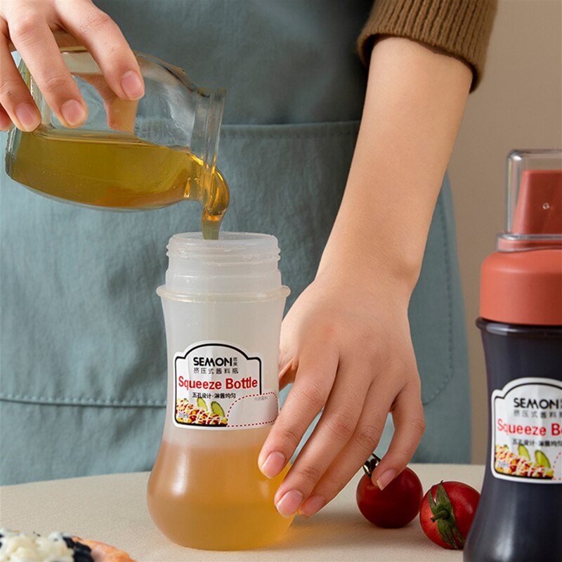 350ml saus klem flaske fem skrog plast ketchup flaske kjøkken krydder olivenolje flasker saus honning dispenser beholder