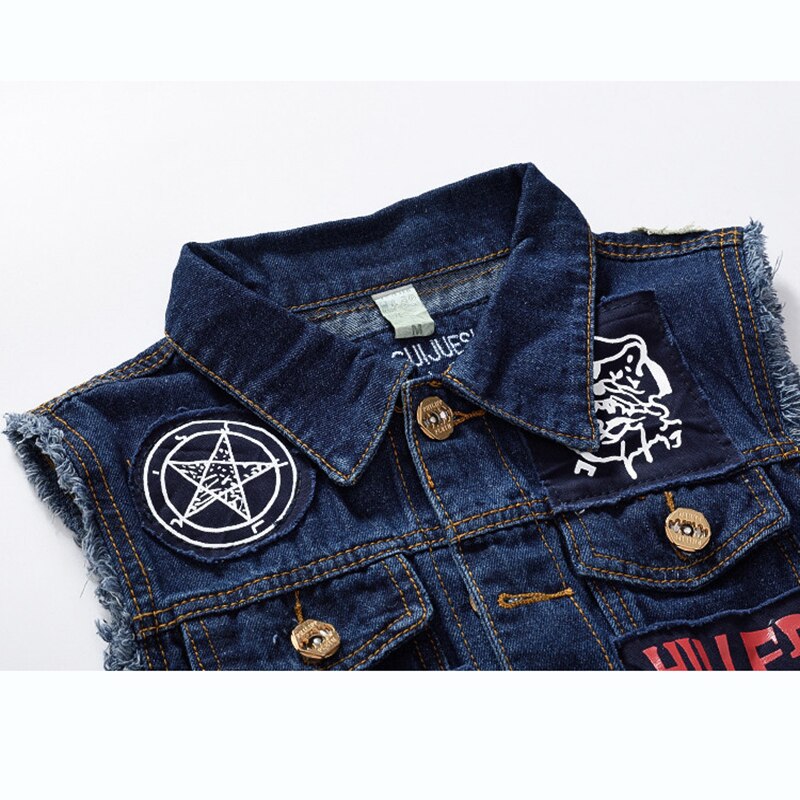 Faliza Hip Hop Mannen Patches Jeans Vest Ripped Denim Vest Mannen Denim Vest Man Mouwloos Jeans Vest Verzwakte MJ-101