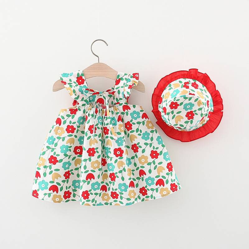 2 pezzi 2022 abiti estivi per bambina coreana carino fiocco senza maniche in cotone Baby Princess Dress Sunhat Newborn Clothes Set BC2180
