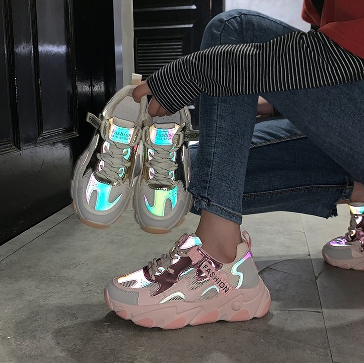 Kvinders chunky sneakers kvinder platform sko snøre åndbare luft sko kvinder kvindelige trænere far sko