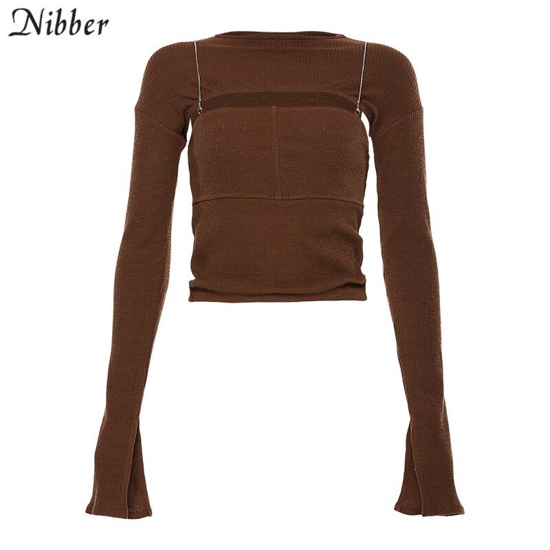 Nibber efterår kontor dame hul strikning slanke toppe kvinder high street afslappet t-shirts simple helærmede t-shirts mujer: M