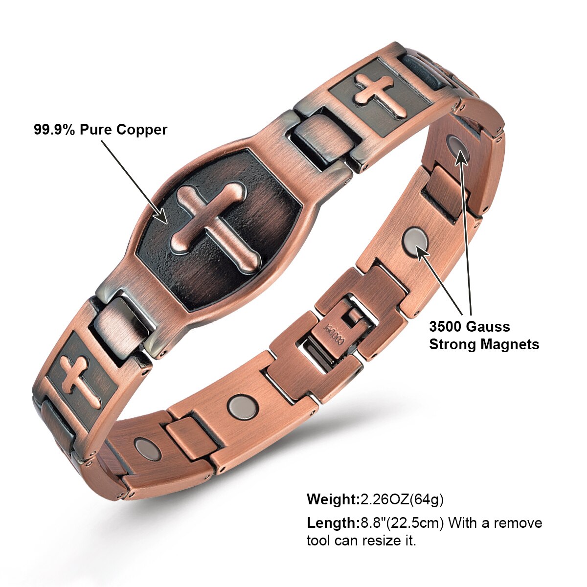 Mocris – Bracelet ajustable en cuivre pur 99.9% pour homme, croix d'énergie magnétique