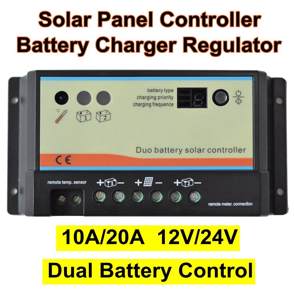 10A 20A Dual Battery Solar Panel Controller 12V 24V Dual Battery Charger Controller Caming Car RV Boat Solar Charging System