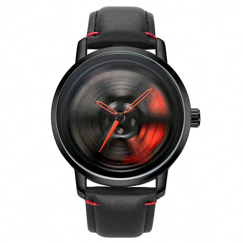 Reloj de UTHAI L98 para hombre, deportiva, personalidad, coche Hub 360 ° Reloj de pulsera de cuarzo para hombre de cuero resistente al agua con rotación