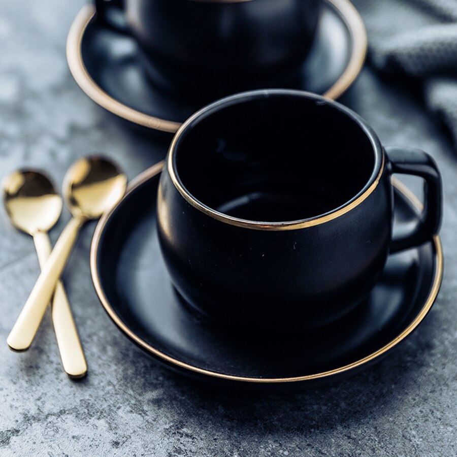 Ceramic Coffee Cup and Saucer Black Pigmented Porcelain Tea Cup Set with Stainless Steel 304 Spoon