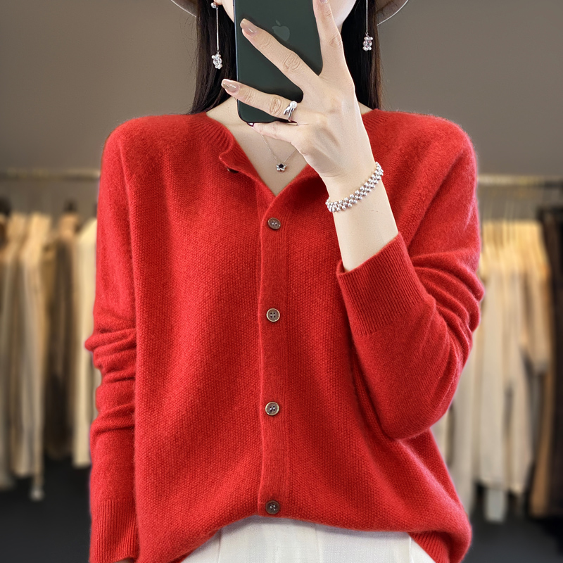 Kvinder 100%  merinould cardigans cashmere sweater efterår vinter o-hals langærmet strikvarer dame basistøj toppe: L / Rød