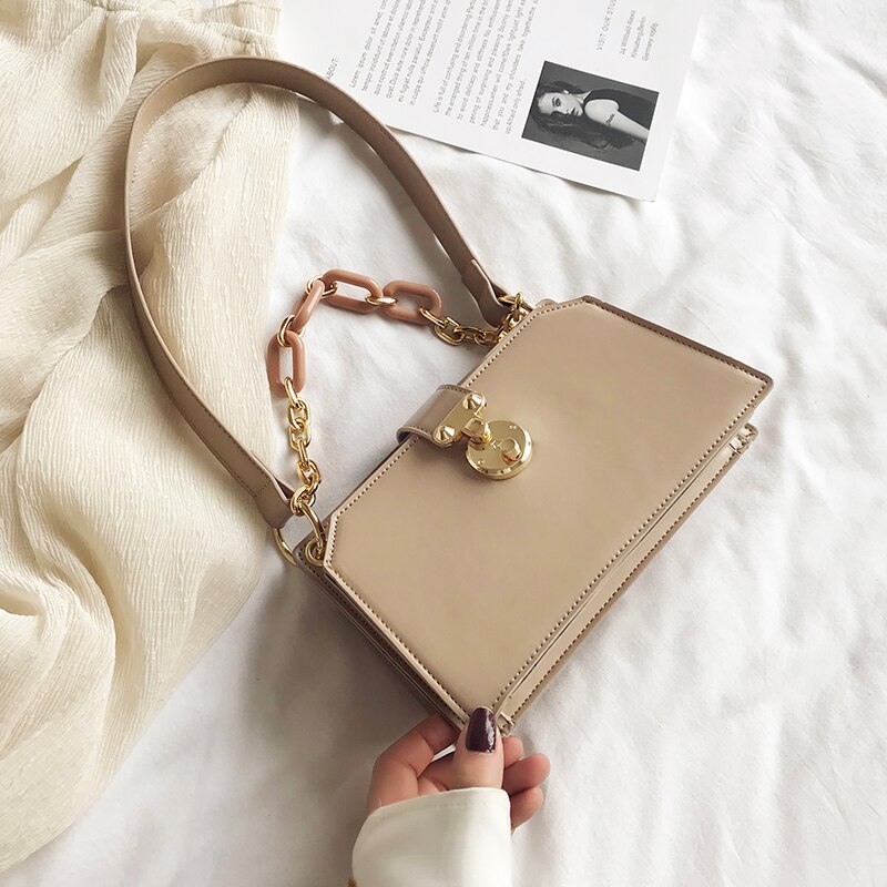 Thick Chain Pu Leather Shoulder Bags For Women Simple Handbags Female Handbags Lady Hand Bag: Khaki