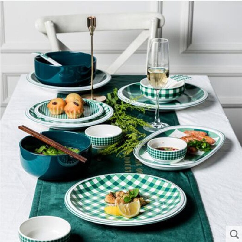 Green plaid series Plate Set Ceramic Kitchen Plate Tableware Set Food Dishes Rice Salad Noodles Bowl Soup Kitchen Cook Tool 1pc