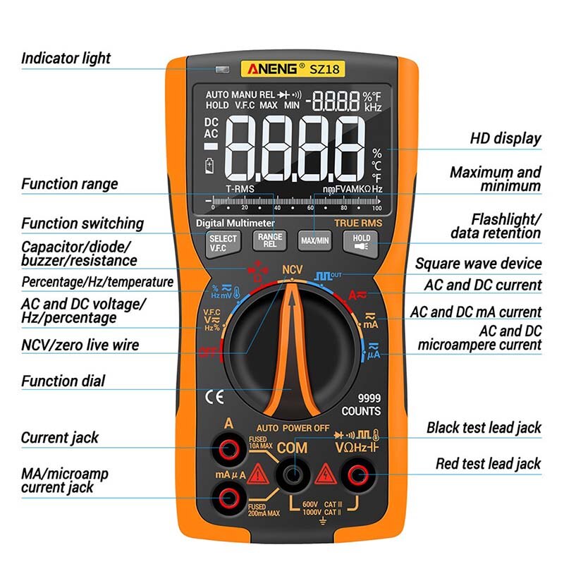 SZ18 9999 Counts Automatic Range Digital Multimeter Triple LCD Display Solar Panel System Analog Tester Multimetro