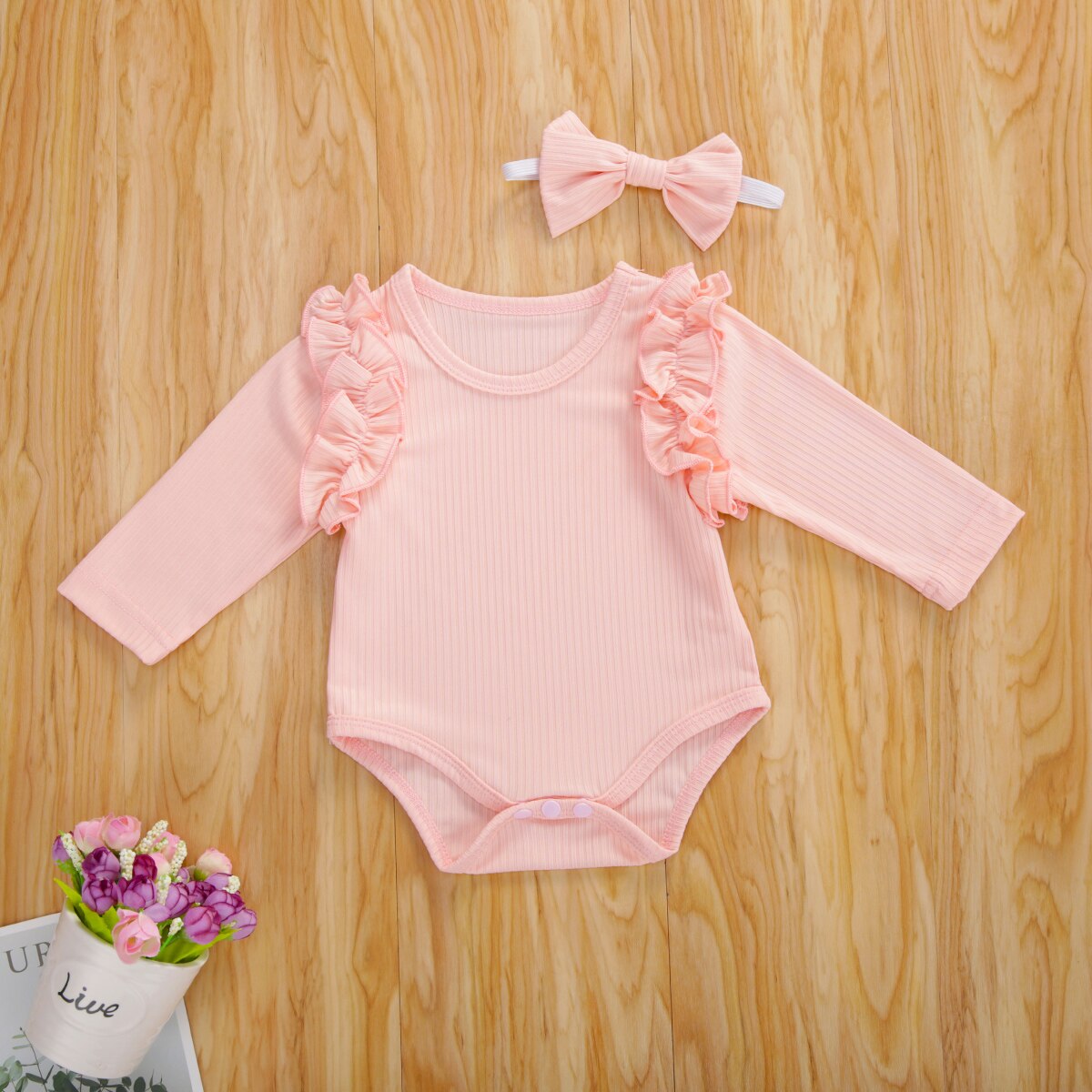 Focusnorm Herfst Baby Meisjes Jongens Bodysuits Hoofdband Ruches Lange Mouwen Knit Solid Jumpsuits 2 Stuks 5 Kleuren