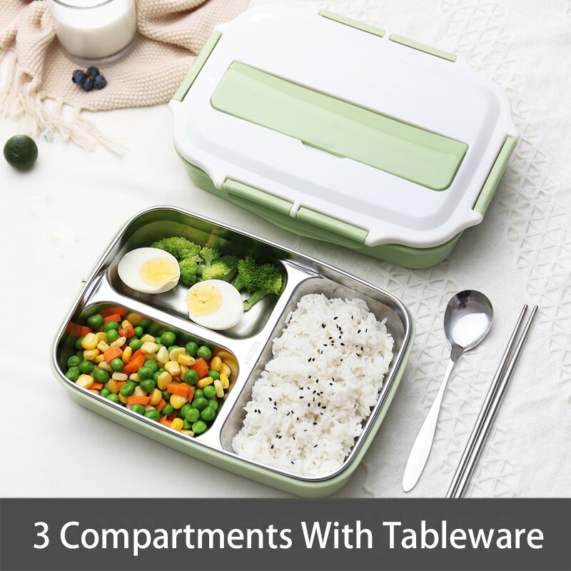 Stainless Steel Thermal Lunch Box Containers with Compartments Leakproof Bento Box Food Container Picnic Office School Lunchbox: Green w tableware-3