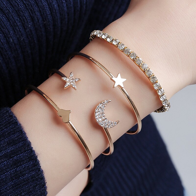4 Stks/set Mode Vrouwelijke Armbanden Goud Rvs Crystal Stars Moon Armband Partij Sieraden Accessoires Voor Vrouwen