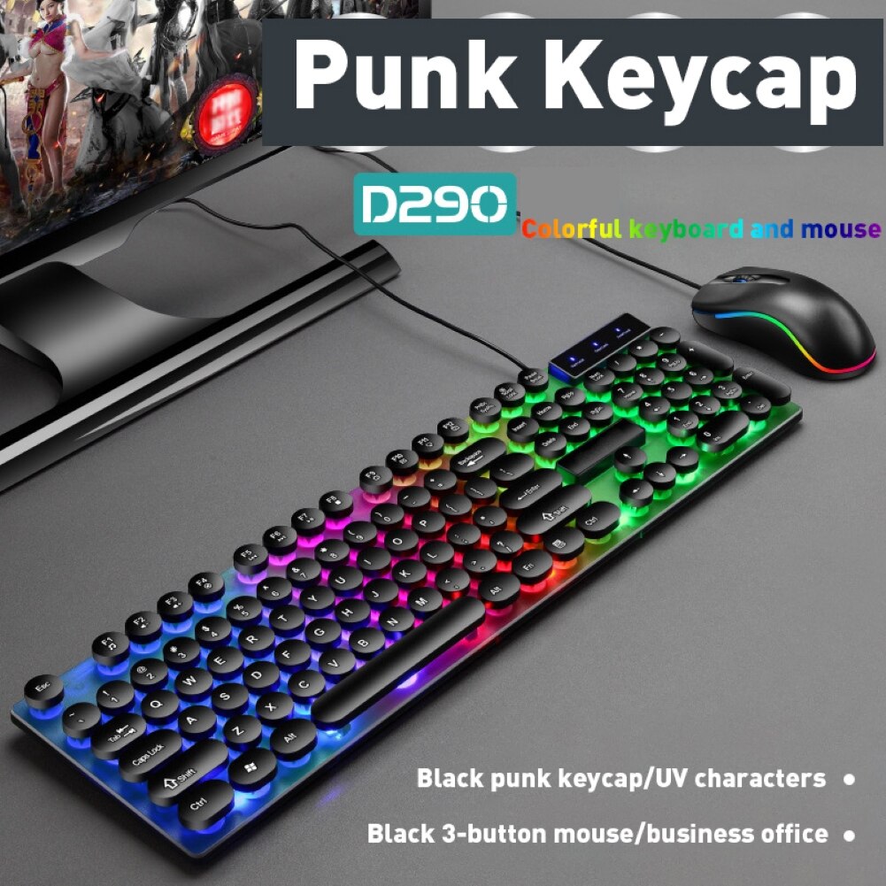 D290 Colorful LED Backlight Wired 104 Keys Mechanical Keyboard Mouse Set for PC