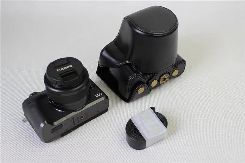 Étui en cuir pu pour appareil photo canon eos  m6, eosm 6, eosm 6 15-45mm housse de protection pour objectif avec sangle