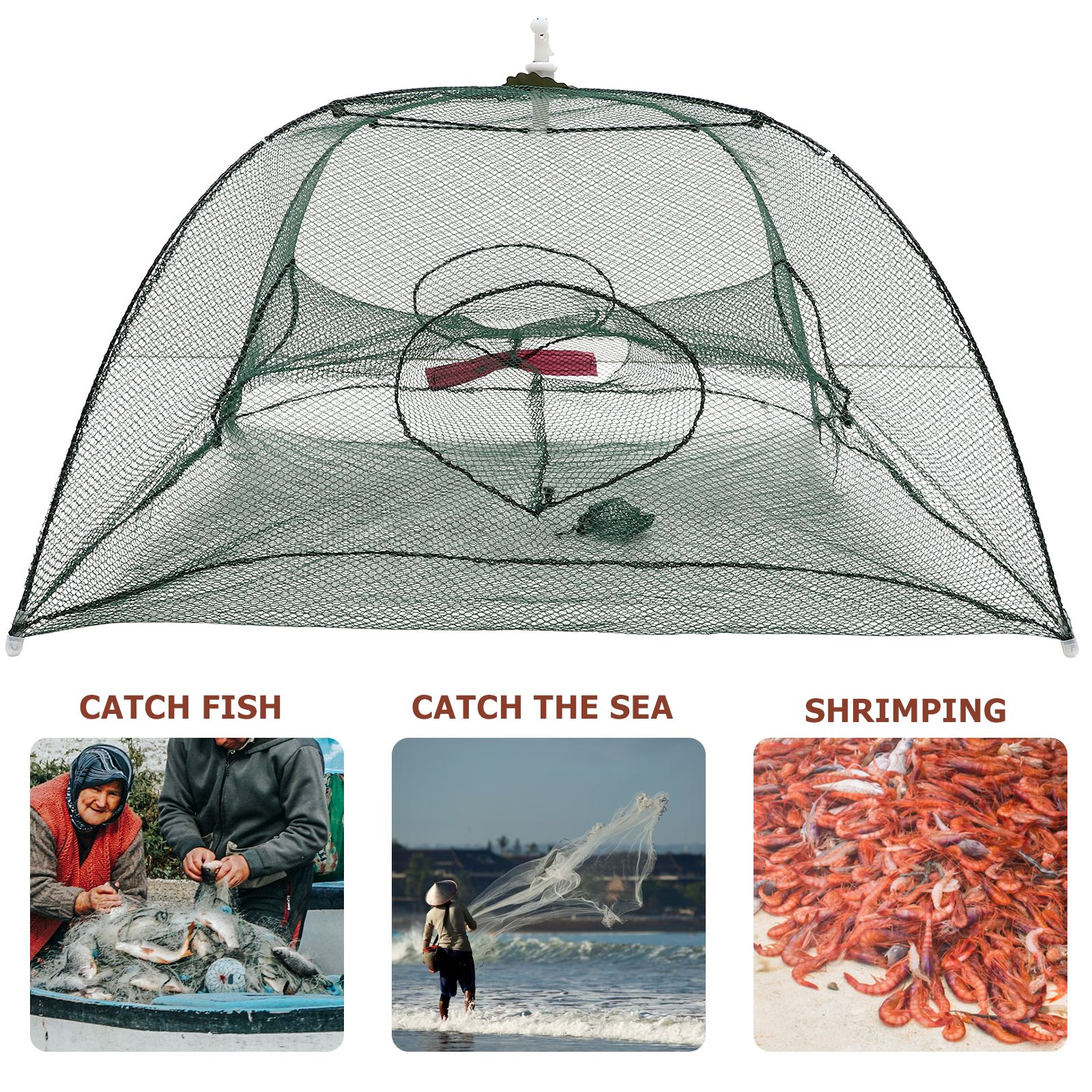 Trampa plegable para cangrejos, jaula de inmersión fundida, red de pesca para peces, pececillos, gambas, de paraguas (4 agujeros)