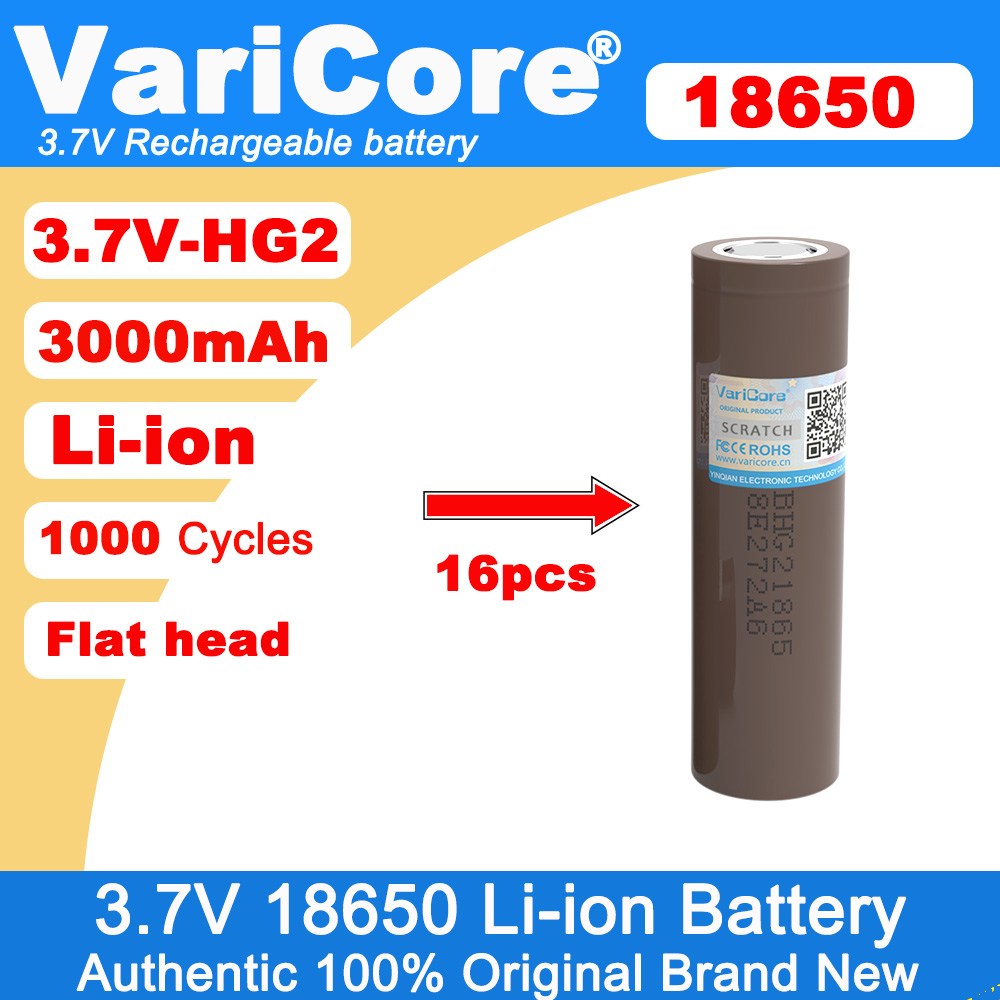 16 stk. varicore 18650 genopladelige batterier  hg2 3000 mah 3.6v lithium kontinuerlig afladning 20a dedikerede elektroniske strømbatterier