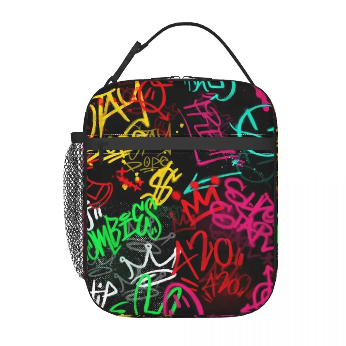Lunch Bag Abstract Graffiti Convenient Lunch Box For Women Black And White Office Cooler Bag Oxford Thermal Lunch Bags: GRAY