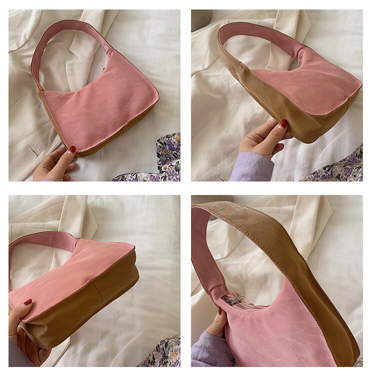 Women Soft Pink Small Shoulder Bags Stitching Color Ladies Hobos Baguette Purse Handbags Retro Female Girls Underarm Bag