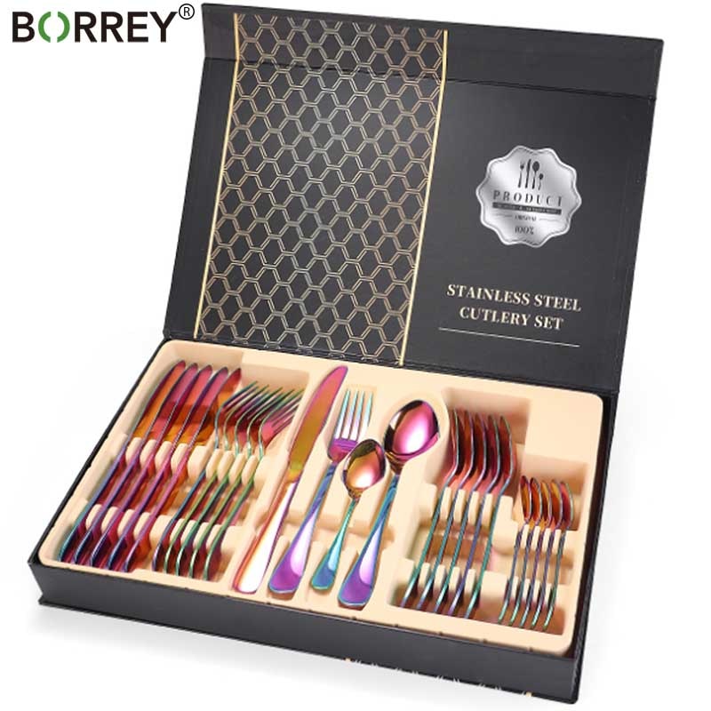 BORREY 24 Uds juego de cubiertos de acero inoxidable, cubiertos de oro rosa, cubiertos de oro, conjunto de vajilla para cena, juego de vajilla occidental