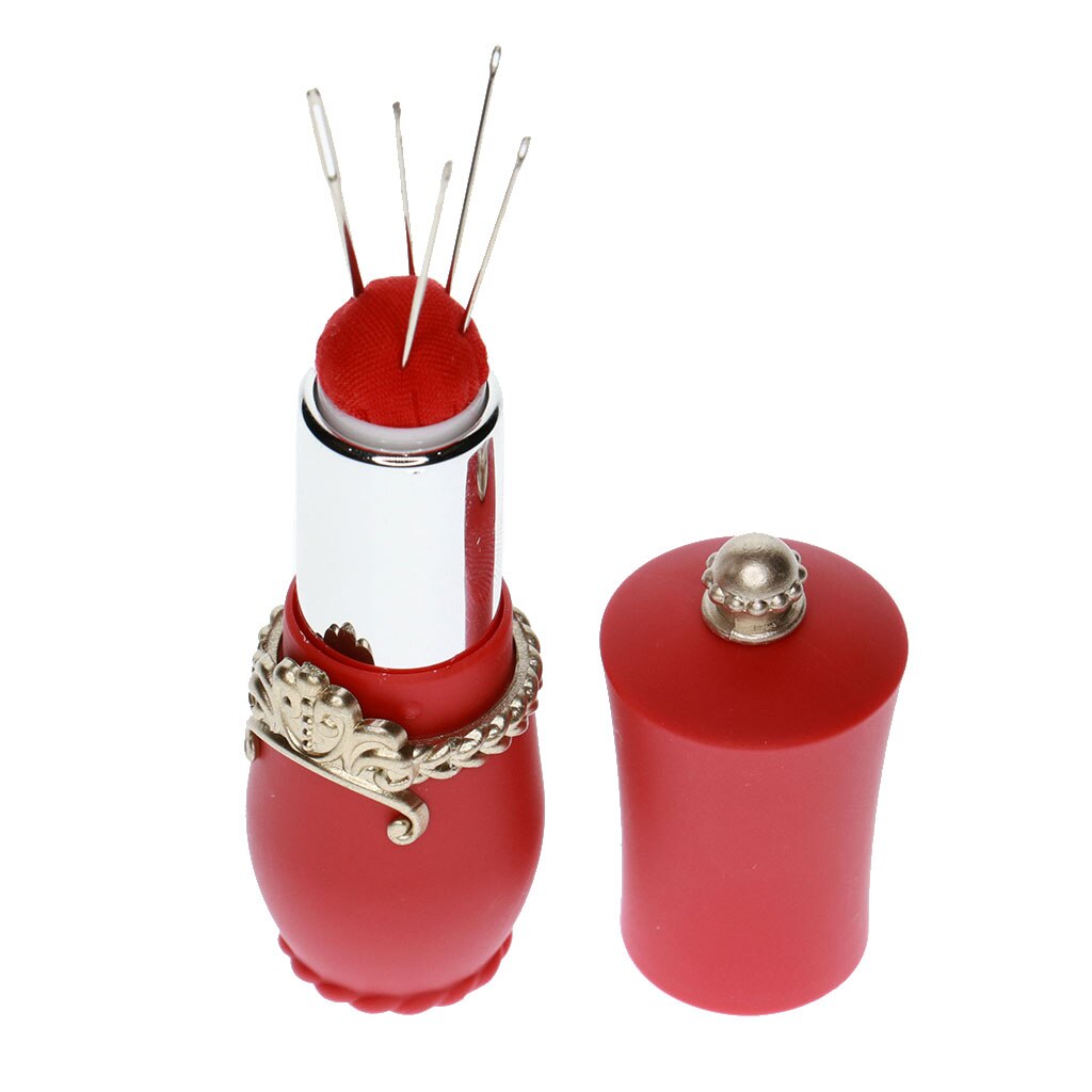 Lipstick Needles Pin Cushion Holder with 5pcs Sewing Needle Tools for Hand Needlework: Red