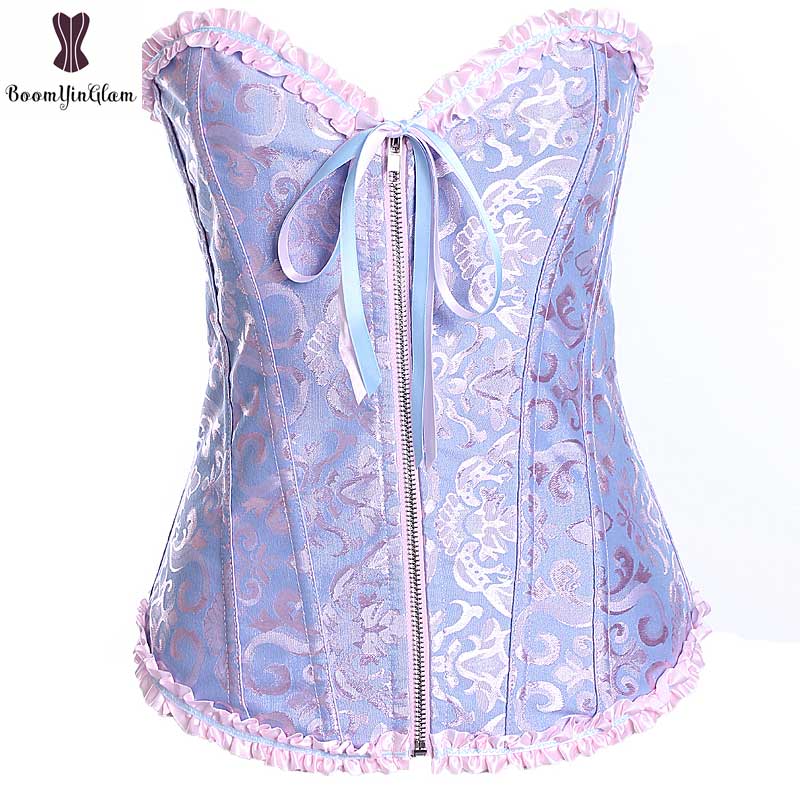 Korset lage prijs korsetten rits korset dames outfit plus maat 6xl bustier bloemen jacquard veter gorset: Blauw / Xxl