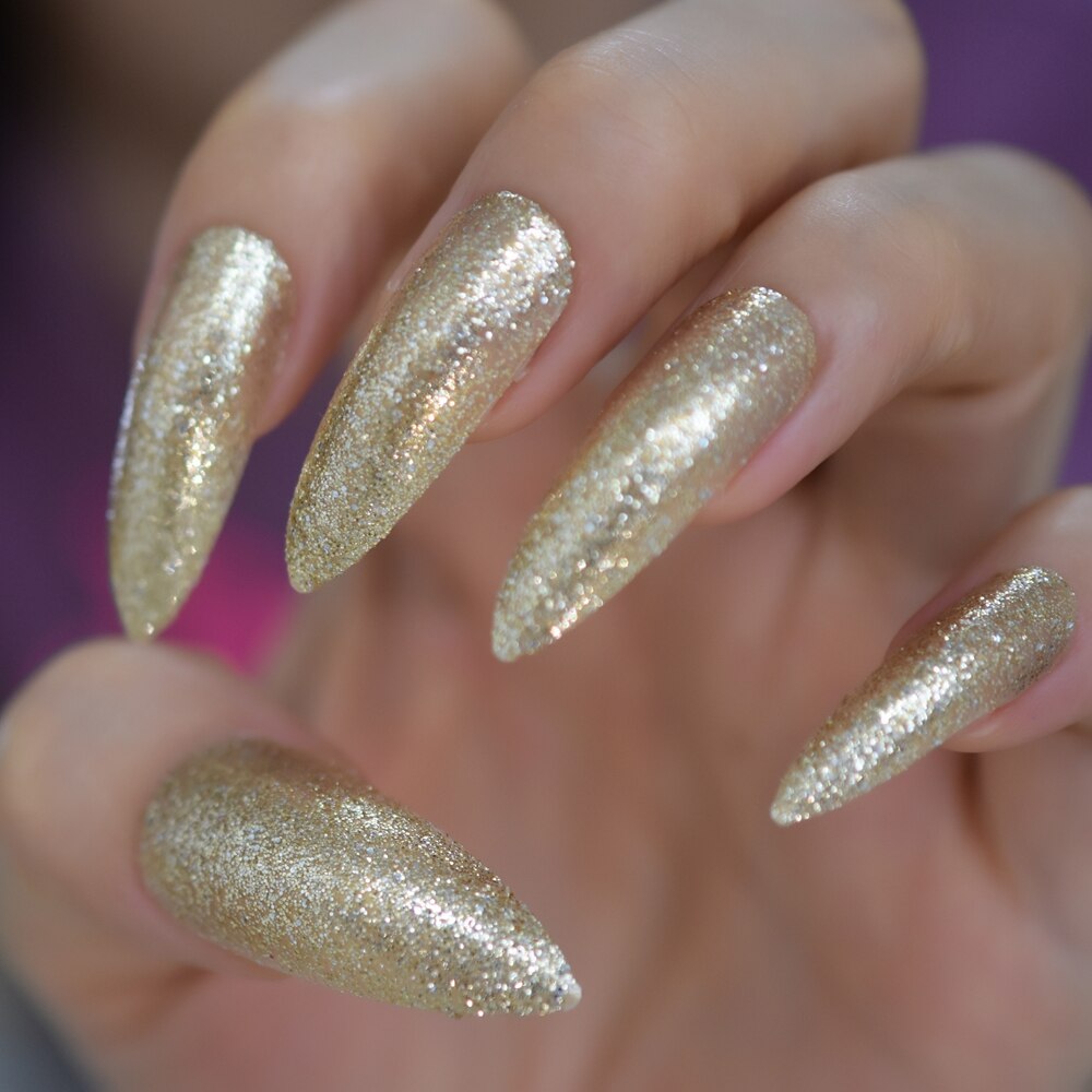 Extra Long Stiletto Faux Ongles Spirit Clear Nail Art Tips Gold Giltter Decorative Predesigned False Nails Shimmer for Party