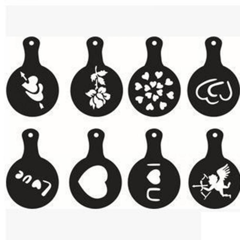Plantilla para decorar café Barista, plantillas de espuma pulverizada para pastel, molde de capuchino, herramientas de tamiz en polvo, accesorios de café: 8pcs 05