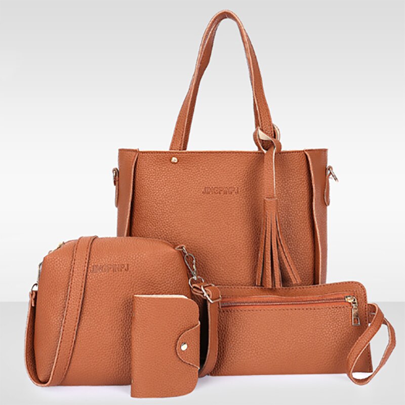 4pcs Women Handbags Solid Color Retro Hand Bag Four-piece Shoulder Bag Shoulder Messenger Bag Wallet Handbags: Brown